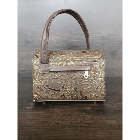 Dark Brown Gold Sunflower Embossed Tooled Artisan LEATHER Crossbody bag - Picture 6 of 15